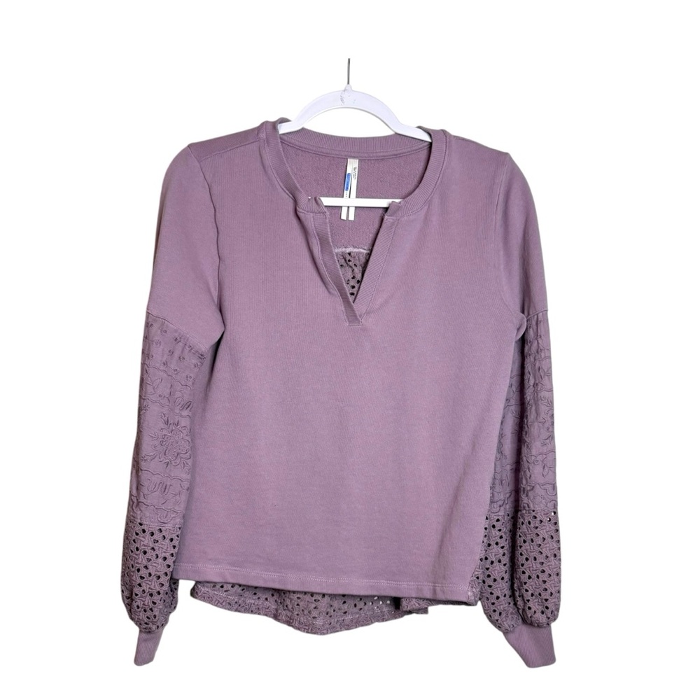 Anthropologie Eyelet Sweatshirt Women XS Lilac V Neck Long Sleeve Boho Pastel